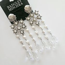 NWT BADGLEY MISCHKA Pearl Crystal Teardrop Floral Leaf Chandelier Bride Earrings