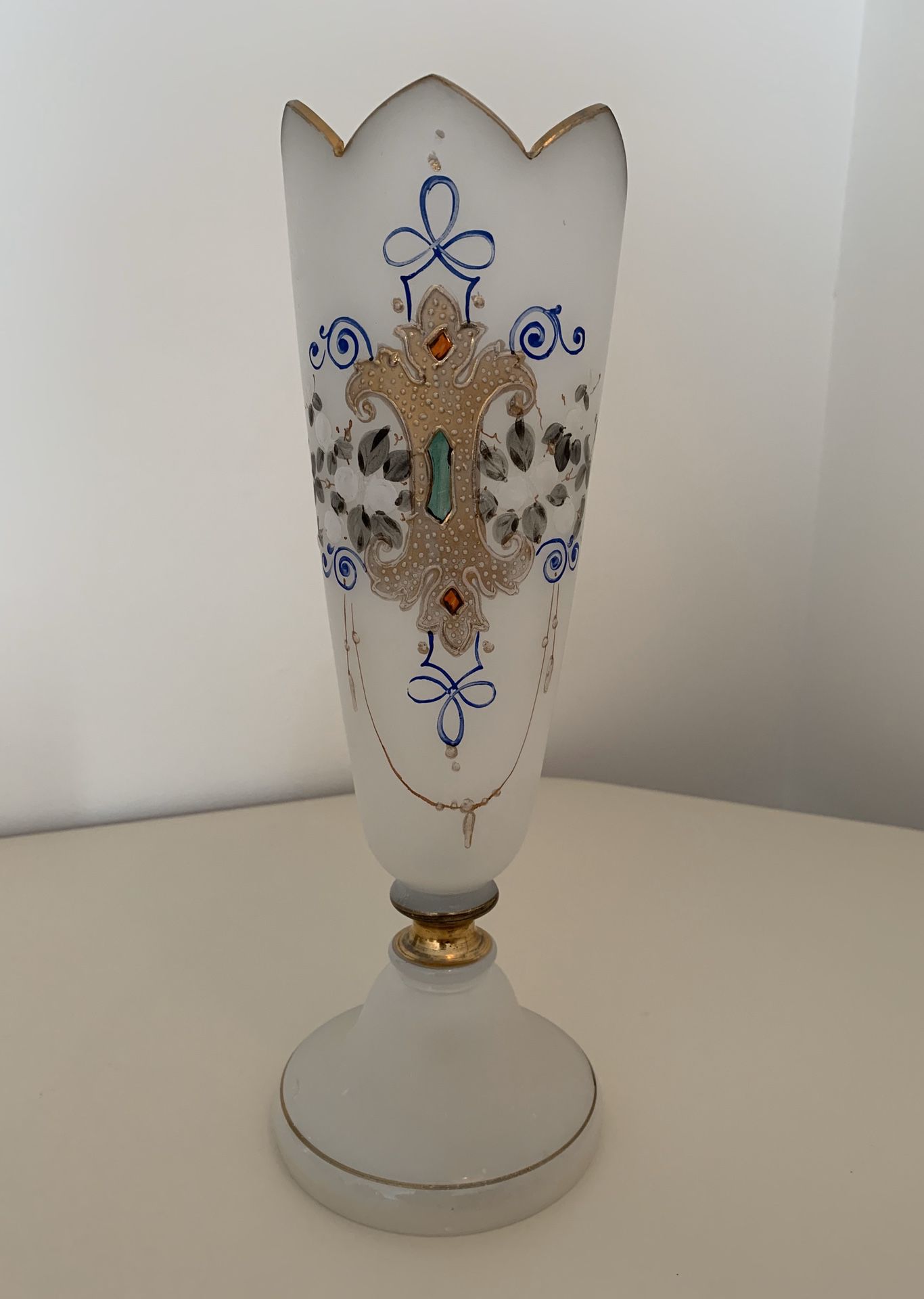 Ornate Frosted Opaline Glass Vase 11” Tall