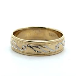 Men’s Woman’s 14k Two Toned White Yellow Gold 6.00mm Comfort Fit Diamond Cut Swirl Milgrain Edge Wedding Band Ring Size 10 GP3124102