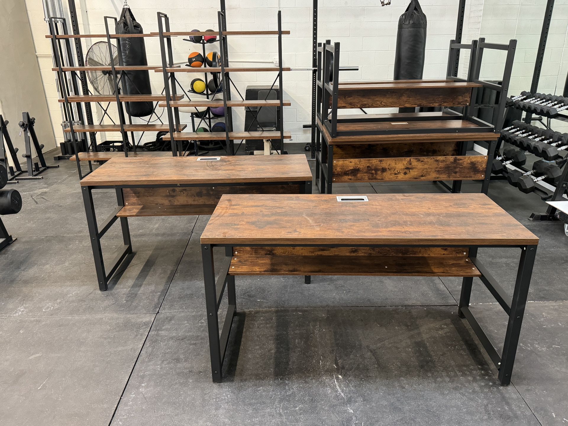 6 Rustic Wood Desks And 3 Shelving Units 