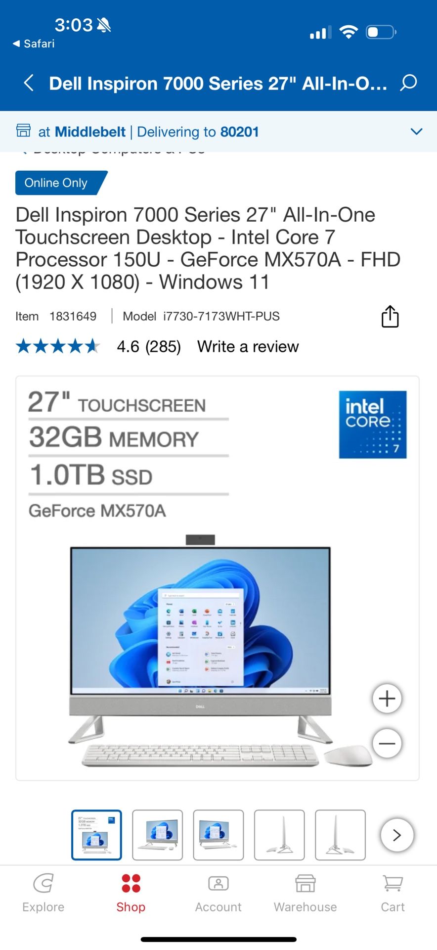 Dell Inspiron 7000 Series 27" All-In-One Touchscreen Desktop - Intel Core 7 Processor 150U - GeForce MX570A - FHD (1920 X 1080) - Windows 11