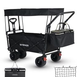 SKYMANOR Collapsible Wagon with Removable Canopy, 3-in-1 Heavy Duty Garden Cart with Big All-Terrain Wheels, Brakes, Adjustable Push Pull Handle, Cool