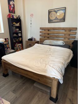 Wooden bedroom set (Queen bed frame, nightstand, dresser)