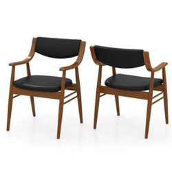 New MCM Set of 2 Costway Black PU Leather Dining Chairs w/Padded Seat & Back Armrests Wooden