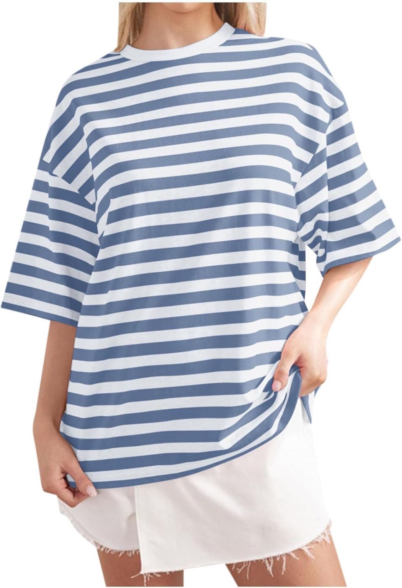 Women's Casual Colorblocked Striped Short Sleeve Top Round Neck Knit Basic T Shirt