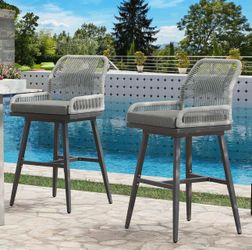 Bar Stools Set of 2, Rattan Counter Height Bar Stools, 26" H Swivel Patio Barstools with Boho Woven Rope Back for Kitchen Patio Garden Cushions Includ