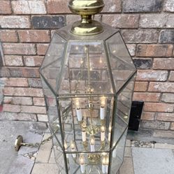 Large Hexagonal Brass And Beveled Glass 12 Light Entryway Chandelier.