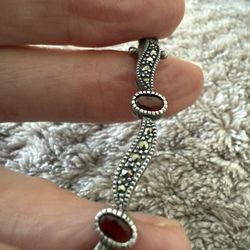 Vintage Sterling Silver Marcasite Bracelet With Gemstones (Garnets?)