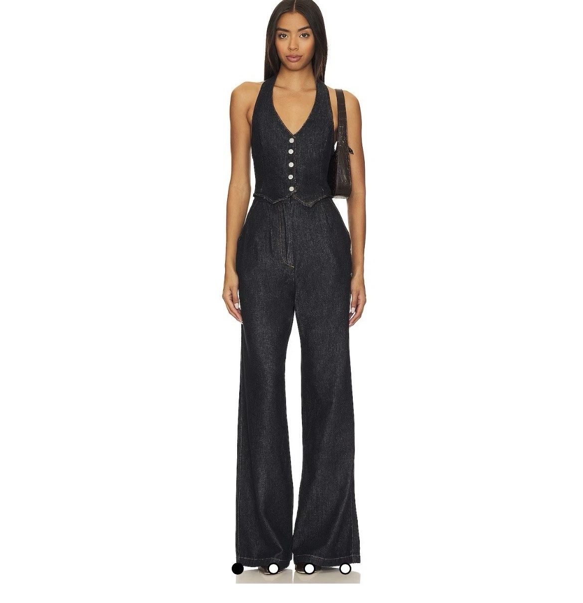 Amanda Uprichard Isadore Denim indigo halter top wide leg flare Jumpsuit S