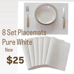 White Placemats Set of 8 Heat Resistant Linen Place Mats Washable Dining Table Plate Mat for Holiday Wedding Kitchen Decor, Pure White