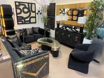 Luxury Black Velvet & Gold Trim 2-Piece Living Room set