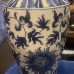 Mid Century Chinese Floral White Blue Vase