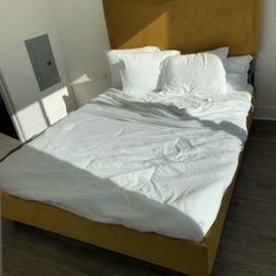 Modern Queen Size Velvet Platform Bed with Mattress - Yellow