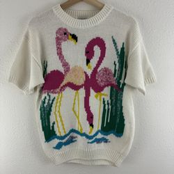 HONORS MISSES Vintage 1980s Retro White Pink Flamingo Short Sleeve Sweater Top