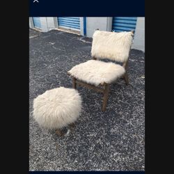 Ivory Fuzzy Chair And Matching Stool 