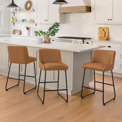 36 in. Brown Metal Frame Faux Leather Counter Height Bar Stool with Thick Seat Cushion Set of 3
