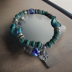 Butterfly Evil Eye Turkish Green Glass Beads Stretch Bracelet