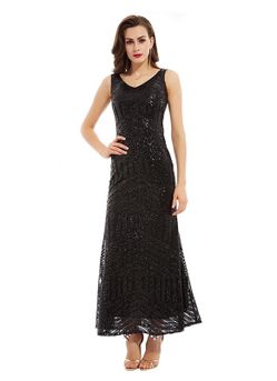 Womens V Neck Sequins Ankle Length Column Evening Dress black