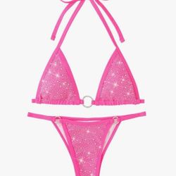 Women's Sparkly Rhinestone Halter Triangle O Ring Top String Thong High Cut Bottom 2 Pieces Bikini Swimsuit Set, SMALL 