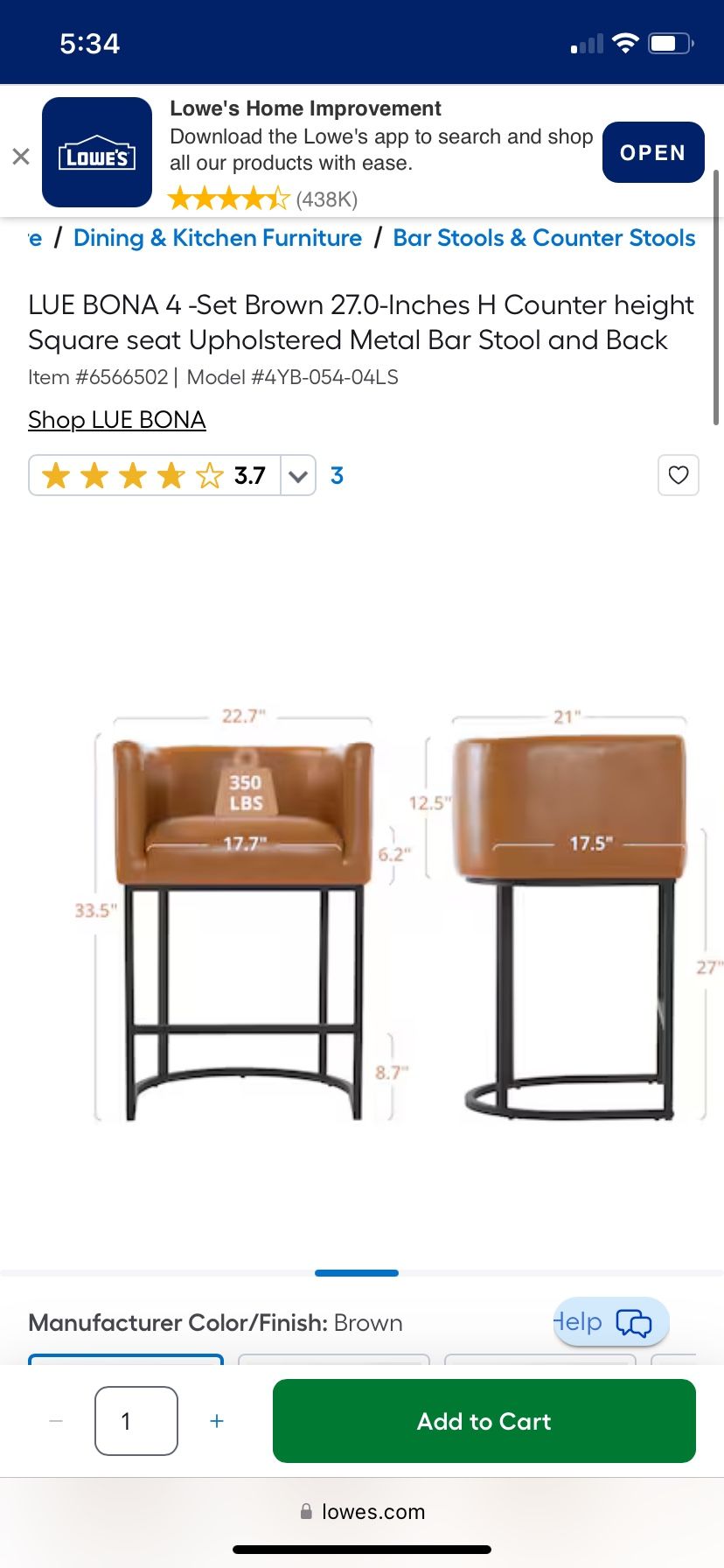 LUE BONA Set Brown Inches H Counter height Square seat