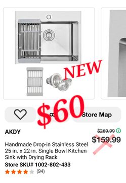 NEW 25" x 22" Stainless Steel Kitchen Sink – $60