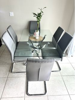 Dining set with 6 chairs, in beveled glass, metal base