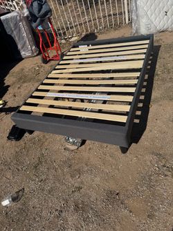 Dark Gray Upholstered Bed Frame with Wood Slats