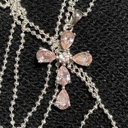 925 Sterling Silver Pink Stone Cross Necklace 18”