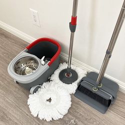 (Brand New) $35 (Combo Set) Broom Dustpan & Spin Mop Wheels Extended Handle with 2pc Microfiber Mop Heads 
