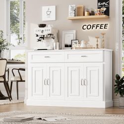 White Farmhouse Buffet Cabinet – 55” Wide Sideboard with Storage Drawers