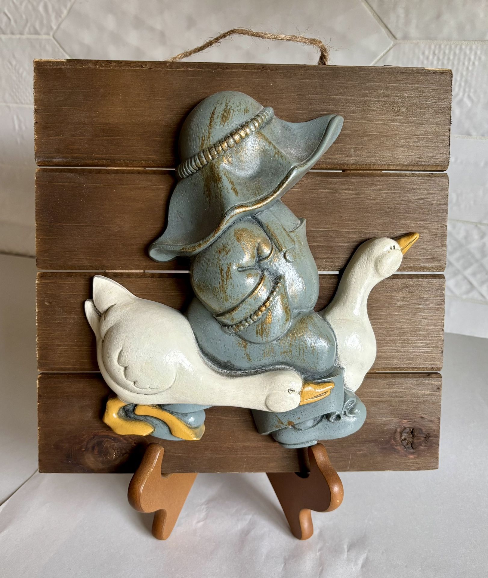 Vintage Burwood Goose And Farmer Wall Decor Wood Plaque