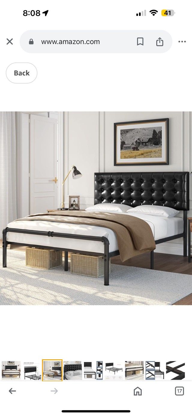 Queen Bed Frame Metal Platform Bed with Faux Leather Height Adjustable Headboard, 12 Inch Underbed Storage/Noise Free/No Box Spring Needed/Industrial