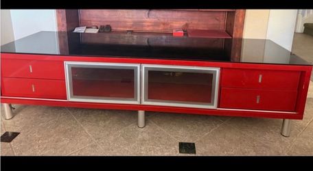 Modern Red Leather Living Room Set w/ Glass Tables & TV Stand