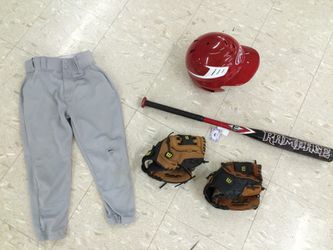 Baseball gear: practice pants, helmet, bat, glove (minors/majors) $3-30