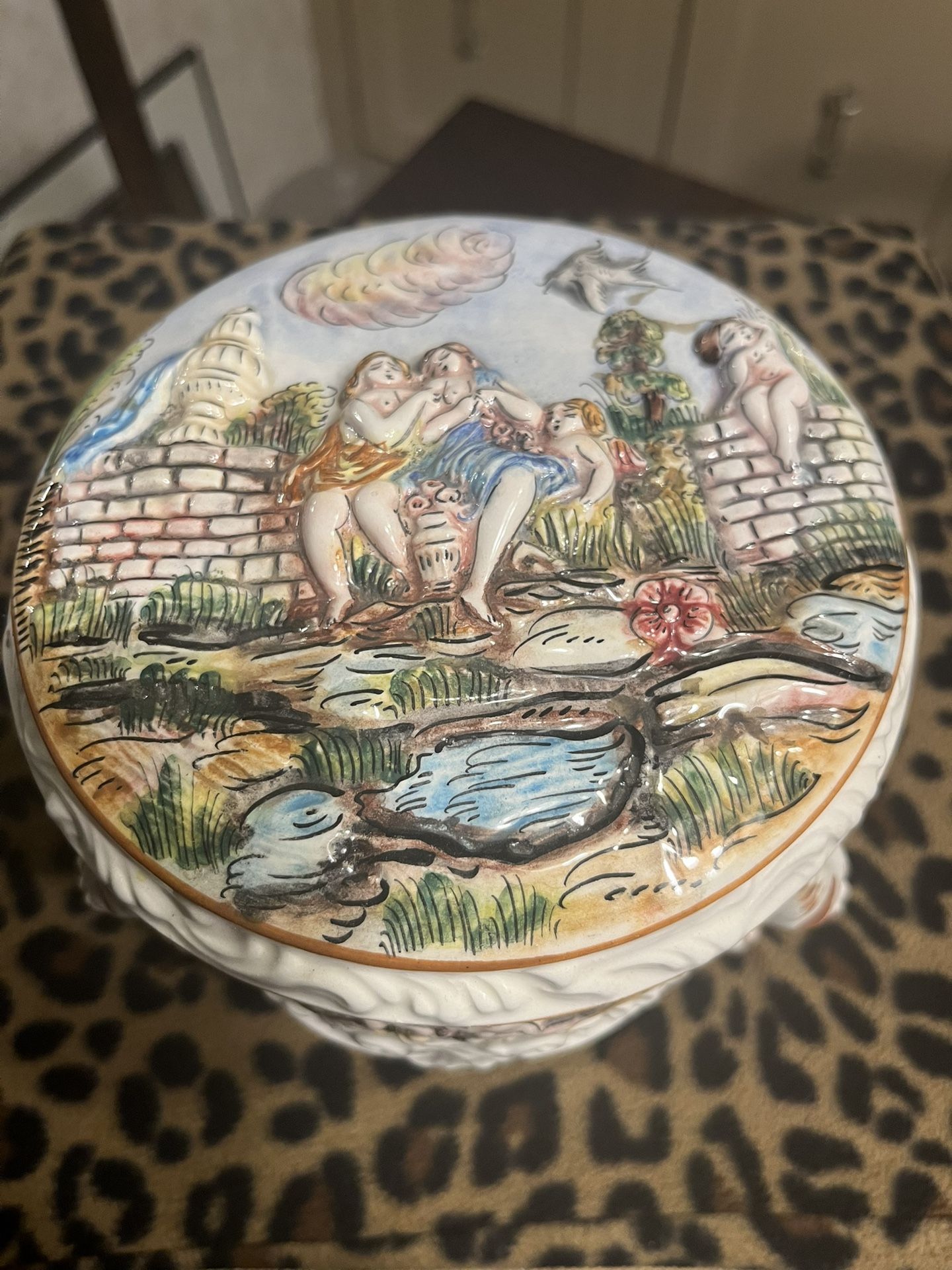 Capodimonte Footed Covered Candy Dish With Cherubs And Hand Painted Details 