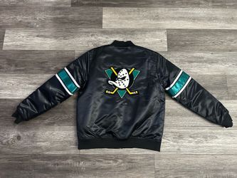 Men’s Mitchell And Ness Anaheim Mighty Ducks Satin Bomber Jacket L