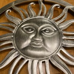 Metal Aluminum lightweight Southwest Sun hanging wall art. 15 inches. Indoor/ outdoor decor. Silver.
