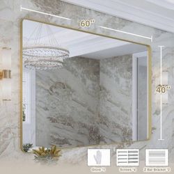60 in. W x 40 in. H Large Rectangular Framed Wall Mounted Bathroom Vanity Mirror in Brushed Gold