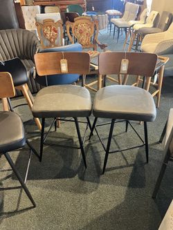 Counter Stool: Wooden Back Rest W/ Charcoal Faux Leather & Black Metal Legs Swivel Counter Stool SKU KWA73K