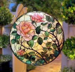 5.90" Pink rose suncatcher with thorns, stem, and green leaves, stained acrylic