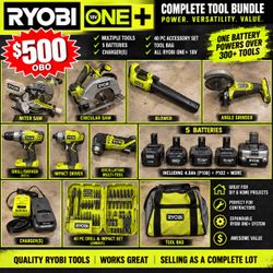RYOBI ONE+ 18V HUGE TOOL LOT – 5 Batteries Saw Drill Blower Grinder + More