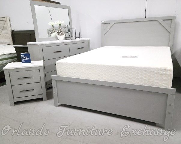 NEW GREY QUEEN BED FRAME AND DRESSER ONLY 