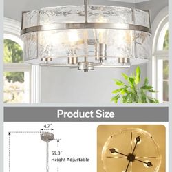 DWLGIGH Modern Drum Chandeliers for Dining Room,19.7" Water Ripple Glass Chandelier Over Table Brushed Nickel Crystal Pendant Light Fixtures for Hight