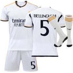 Real Madrid Bellingham No.5 Fan Soccer Jersey Set with Socks Youth Sizes (7-13 years)