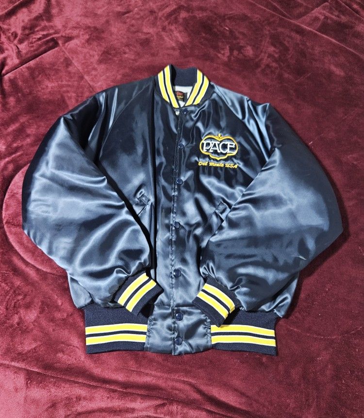 90s Pla-Jac Dunbrook Vintage DEL Monte PACE Navy Satin Bomber Mens Large Jacket 1990s
