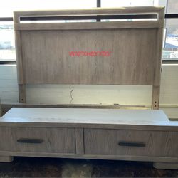 New king size storage platform solid wood gray bed with night light.