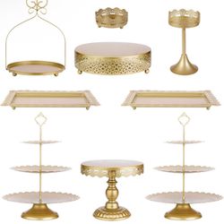 9Pcs Metal Cake Stands Round Cake Stands Candy Fruite Display Plate Cupcake Serving Tower for Wedding Brithday Party Celebration Home Decoration,gold