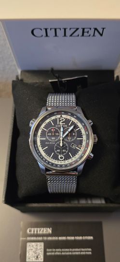 Citizen Eco-Drive 43mm Blue Dial Chronograph SS Mesh Band Men's Watch