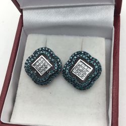 14k White Gold Diamond Stud Earrings Set with Double Halo Blue Round Stones & Princess Cut Diamonds 5.2 Grams