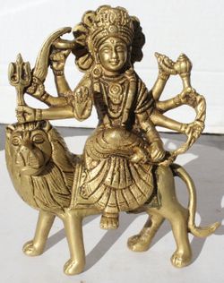 Durga Divine Mother –Solid Brass Statue –Hindu Goddess Seated on Lion